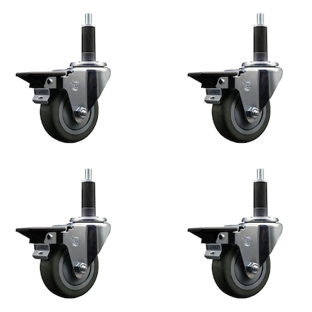 Service Caster 3.5'' Gray Poly Swivel 1'' Expanding Stem Caster Set with Brake, 4PK SCC-EX20S3514-PPUB-PLB-1-4